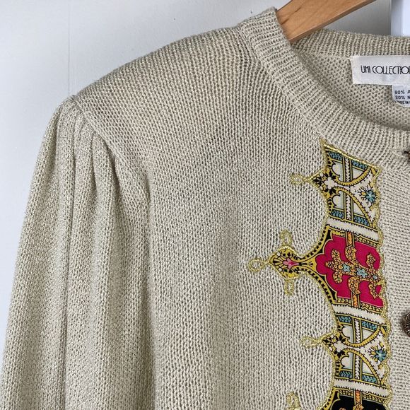 Vintage‎ Umi Collections Knit Sweater Applique Anne Crimmins Beige Small - Picture 3 of 8